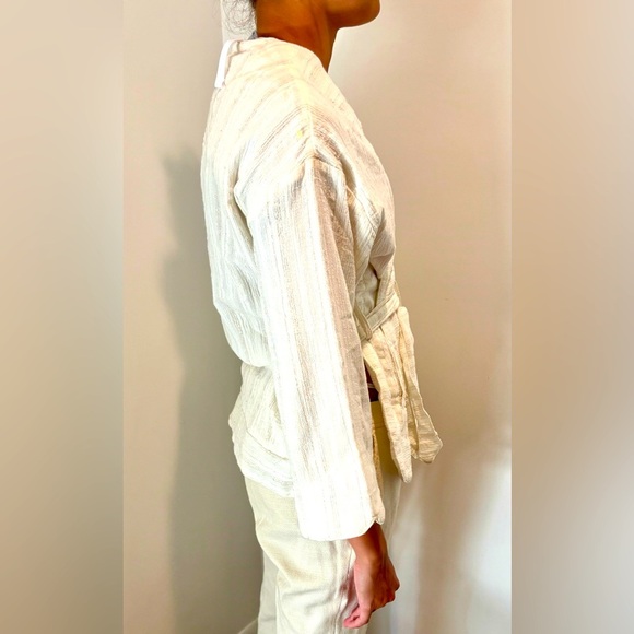 HEI HEI Anthropologie Amita Cream Gold Metallic Stripe Kimono Belted Jacket S - Picture 3 of 9